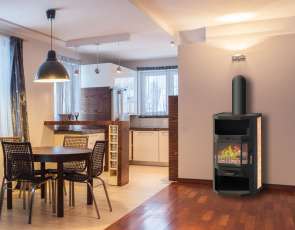 Недорогой стальной камин со стеклом Мета-Бел Ангара фото в интерьере в Бобруйске