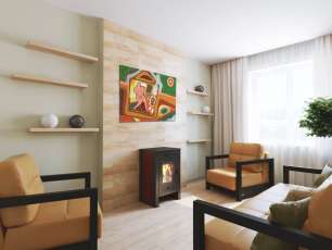 Недорогой камин со стеклом Теплодар Твист фото в интерьере в Бобруйске