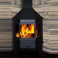 Стальной недорогой камин со стеклом Мюнхен угловой чёрный фото в Бобруйске