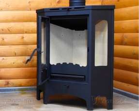 Стальной камин со стеклами Бавария панорама угловая фото в интерьере в Бобруйске