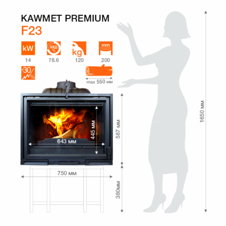 Каминная топка Kawmet Premium F23 (14 кВт) в Бобруйске