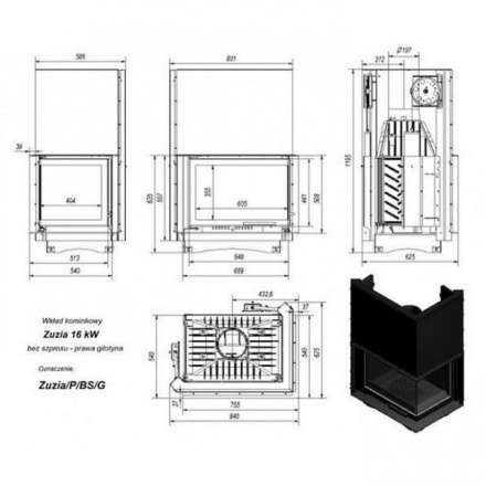 Каминная топка Kratki Zuzia/P/BS/G (угловое стекло справа,гильотина) в Бобруйске