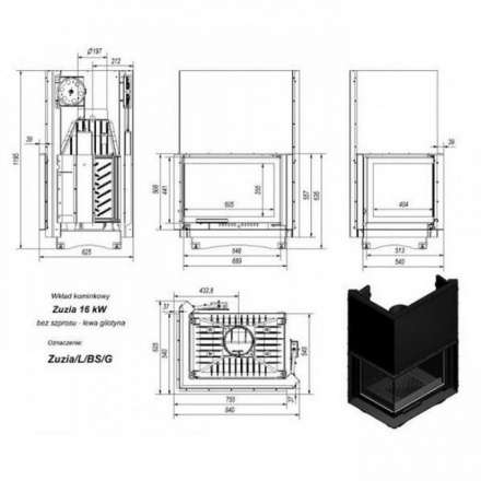 Каминная топка Kratki Zuzia/L/BS/G (угловое стекло слева, гильотина) в Бобруйске