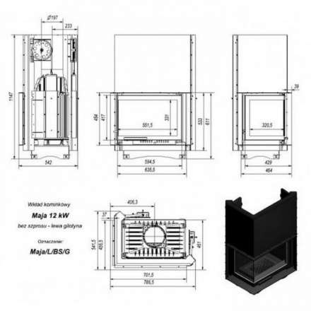 Каминная топка Kratki Maja/L/BS/G (угловое стекло слева, гильотина) в Бобруйске