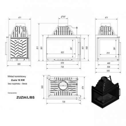 Каминная топка Kratki Zuzia/L/BS (угловое стекло слева) в Бобруйске