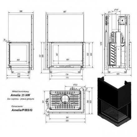 Каминная топка Kratki Amelia/P/BS/G (угловое стекло справа, гильотина) в Бобруйске